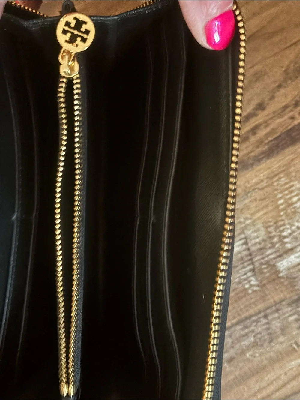 Tory Burch Black Leather Zip Around Wallet with Gold Emblem